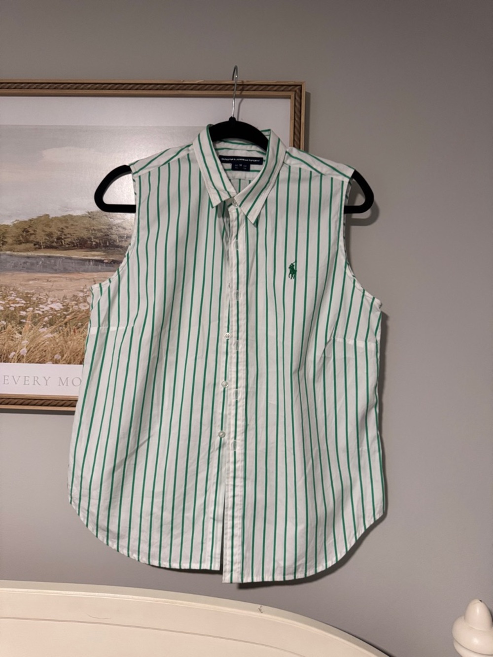 Polo by Ralph Lauren White Sleeveless Button-Down with Green Stripes